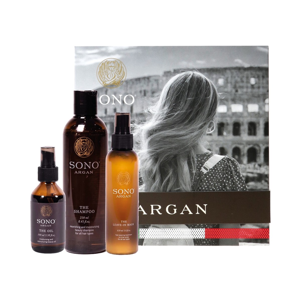 Подаръчен комплект Sono Argan Oil – шампоан, арганово масло и спрей-маска Подаръчен комплект Sono Argan Oil – шампоан, арганово масло и спрей-маска